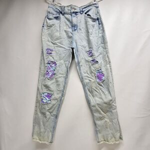 Justice Mini Mom Jeans Girls Sz 16 Sequin Distressed Raw Hem Light Wash